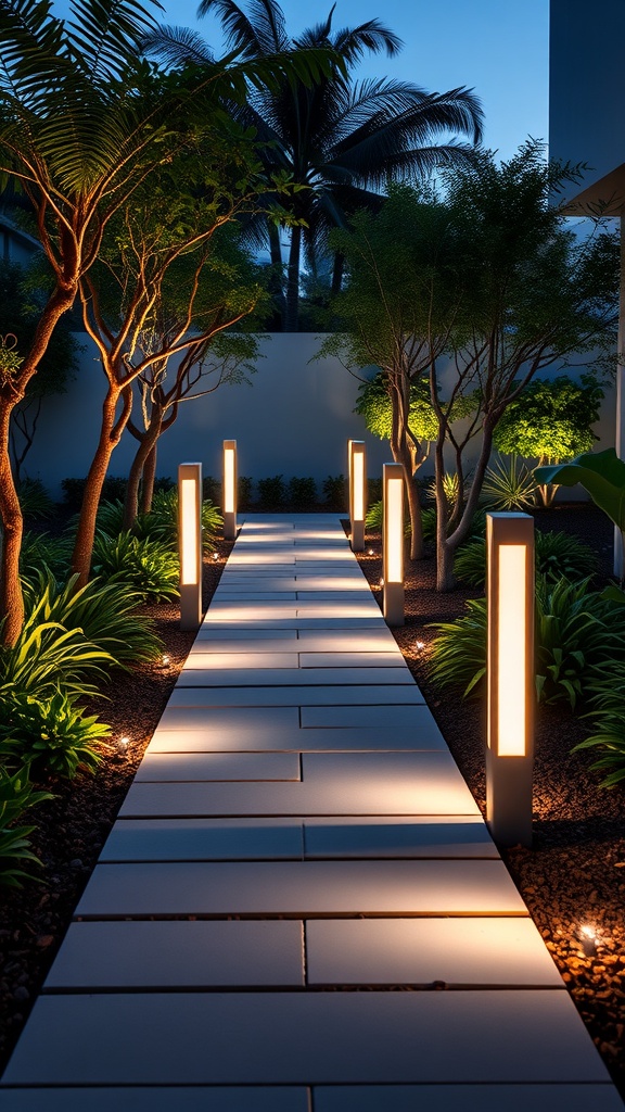 A modern garden pathway illuminated by bollard lights, surrounded by lush greenery.