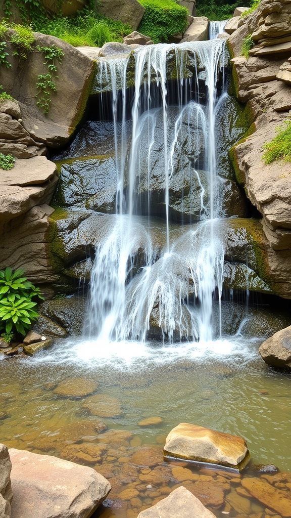 A bubbling rock waterfall with smooth stones and lush greenery