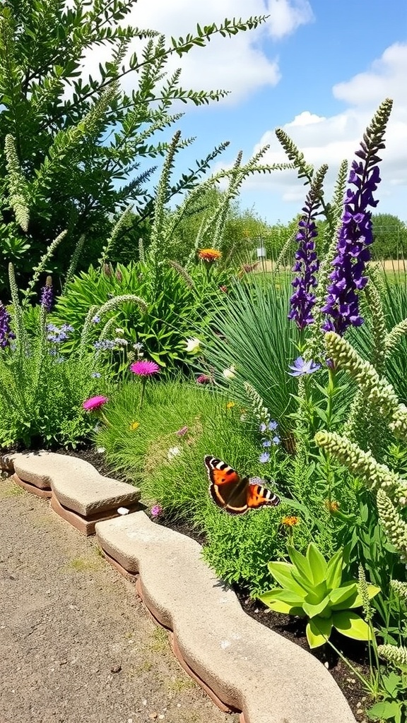 A colorful garden border made with sleepers, featuring various flowers and a butterfly.