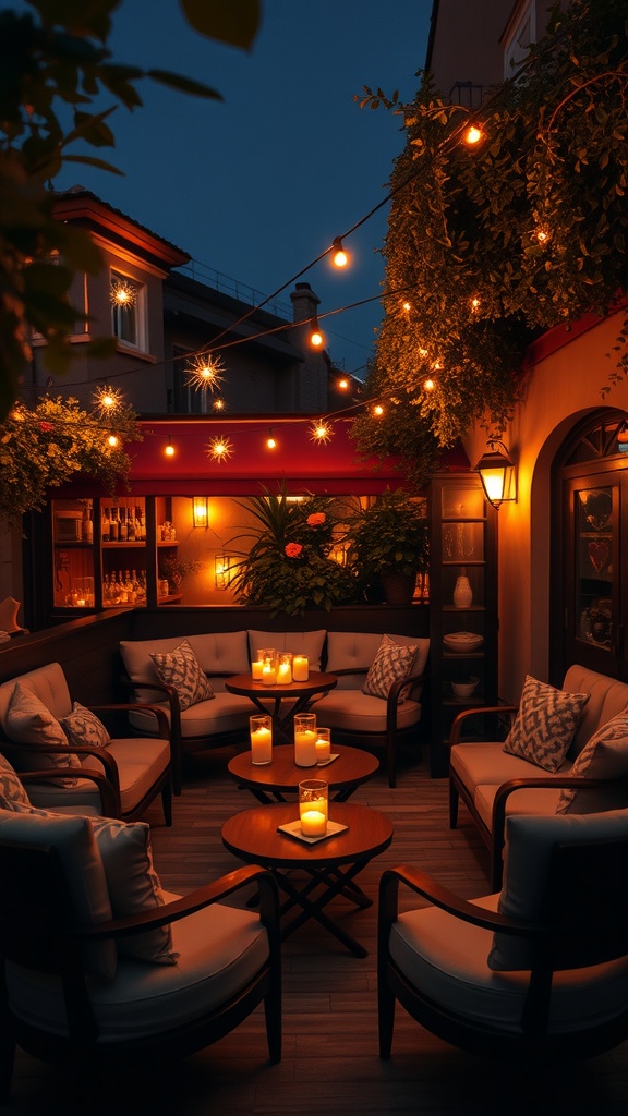 A cozy patio with candlelight and string lights, creating a romantic atmosphere.