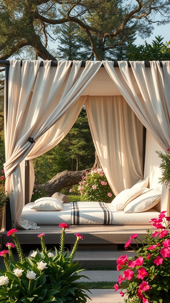 A cozy outdoor canopy bed surrounded by colorful flowers