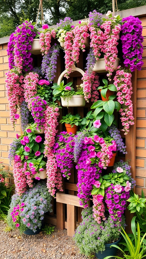 A vibrant cascading flower wall made of various colorful flowers in containers.