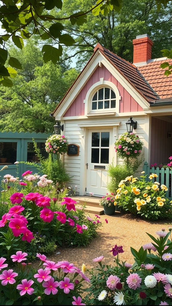 A charming summer house surrounded by colorful flowers in a cottage garden.