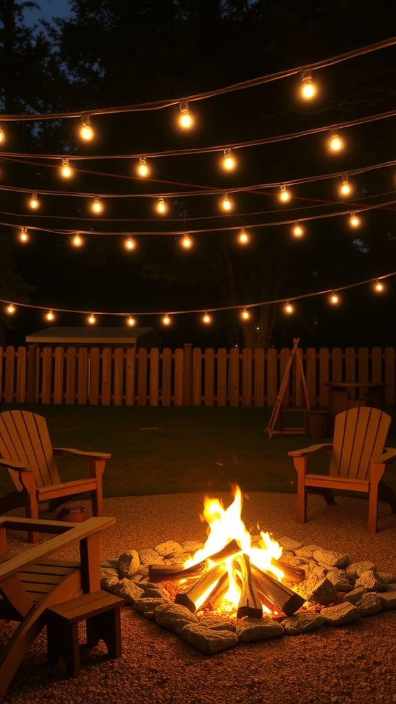 A cozy backyard fire pit surrounded by string lights and wooden chairs.