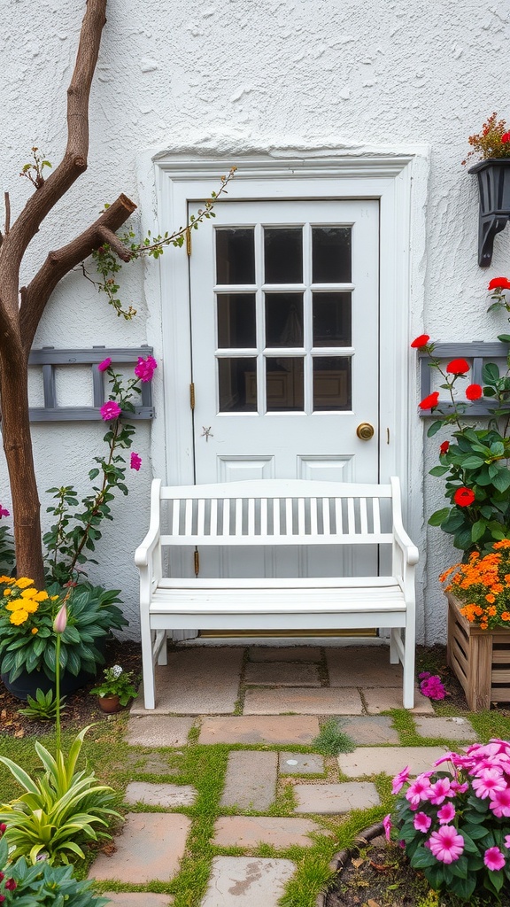 A white garden bench at the entrance of a house, surrounded by colorful flowers and a white wall.