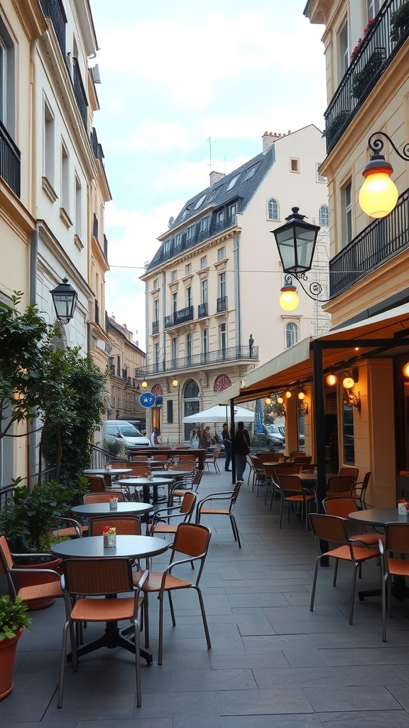 A chic bistro bar setup with tables and chairs in a cozy street, illuminated by warm lights.