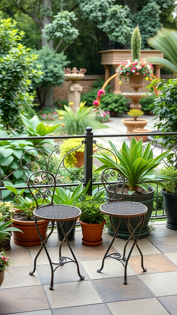 Chic metal bistro set with two chairs and tables on a patio surrounded by plants.