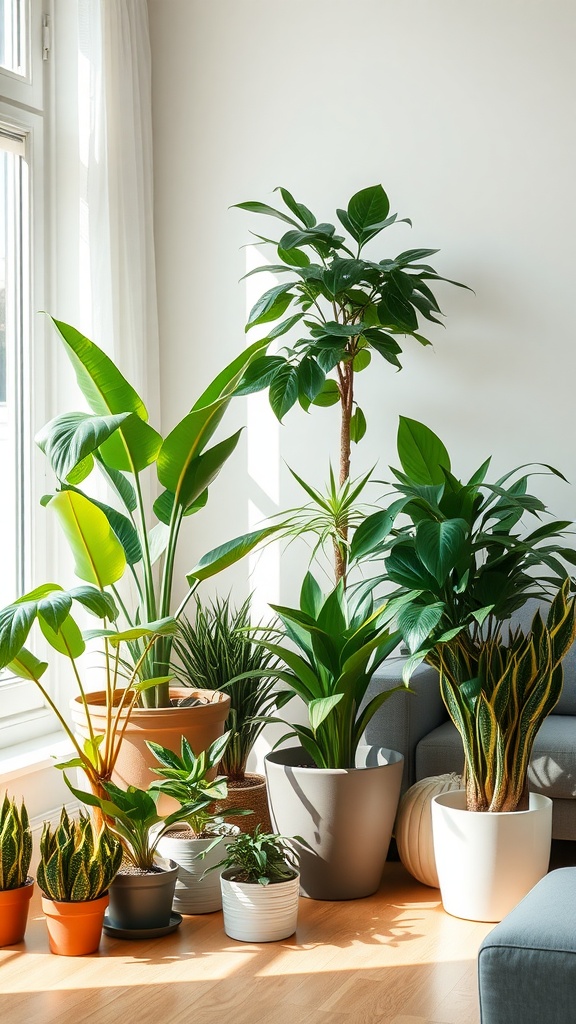 A cozy corner with various house plants in different pots, showcasing a mix of sizes and types.