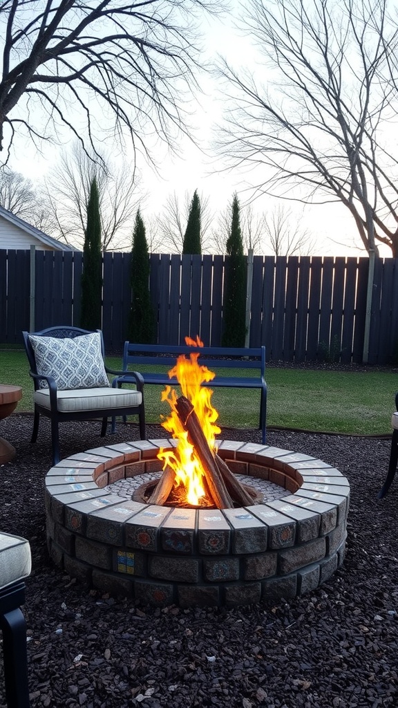 A circular fire pit with a mosaic design surrounded by seating and grass.