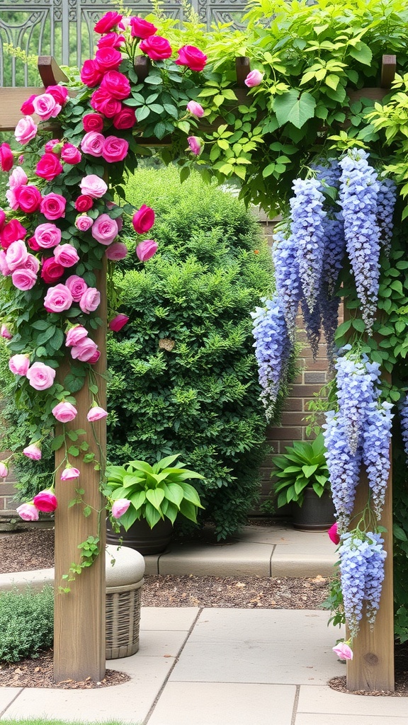 A beautiful garden arbor covered with pink roses and blue wisteria, surrounded by lush greenery.