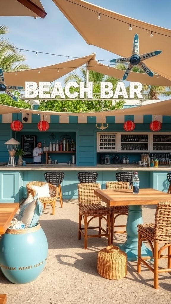 A colorful beach bar with a welcoming atmosphere, featuring outdoor seating and vibrant decor.