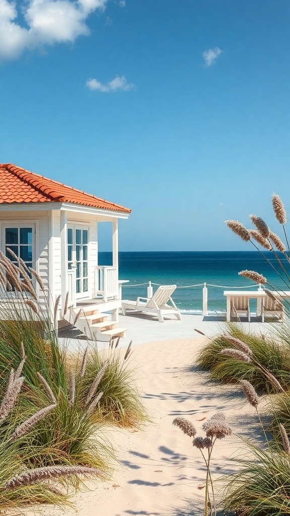 A coastal garden featuring a beachy summer house with a sandy path and ocean view.
