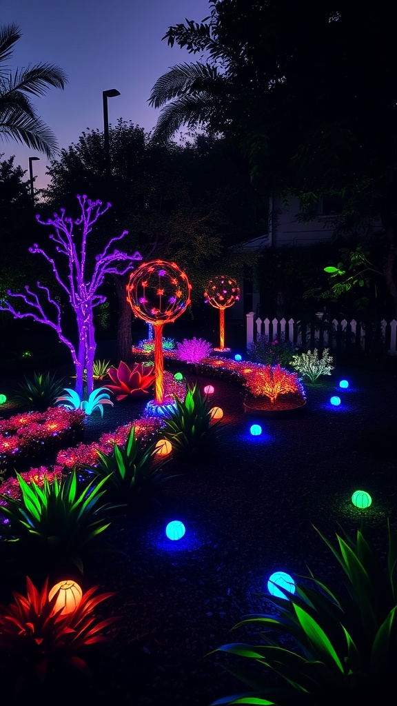 A garden illuminated with colorful LED lights, showcasing vibrant colors and decorative elements.