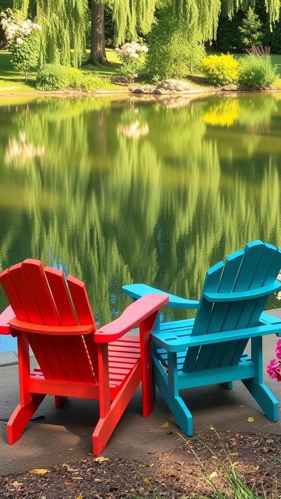 Two colorful Adirondack chairs, one red and one turquoise, facing a serene pond surrounded by greenery.