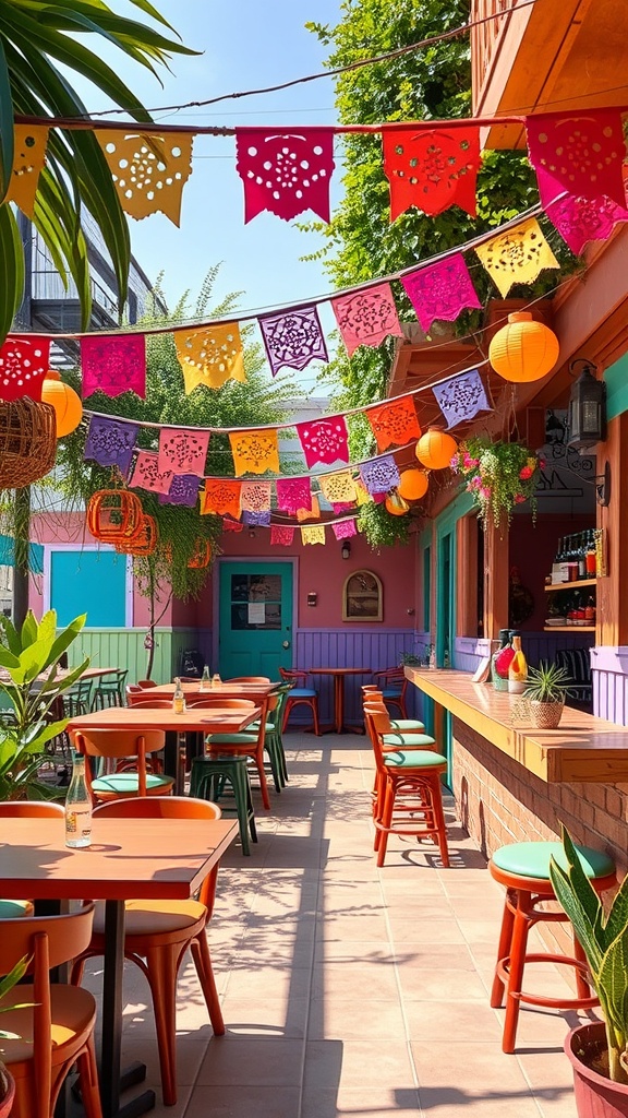 A vibrant patio bar decorated with colorful papel picado banners and lanterns, featuring people enjoying drinks in a lively atmosphere.