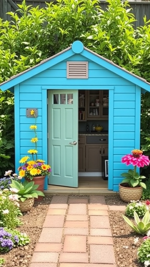 A colorful blue garden shed with a mint green door surrounded by flowers and a brick pathway.