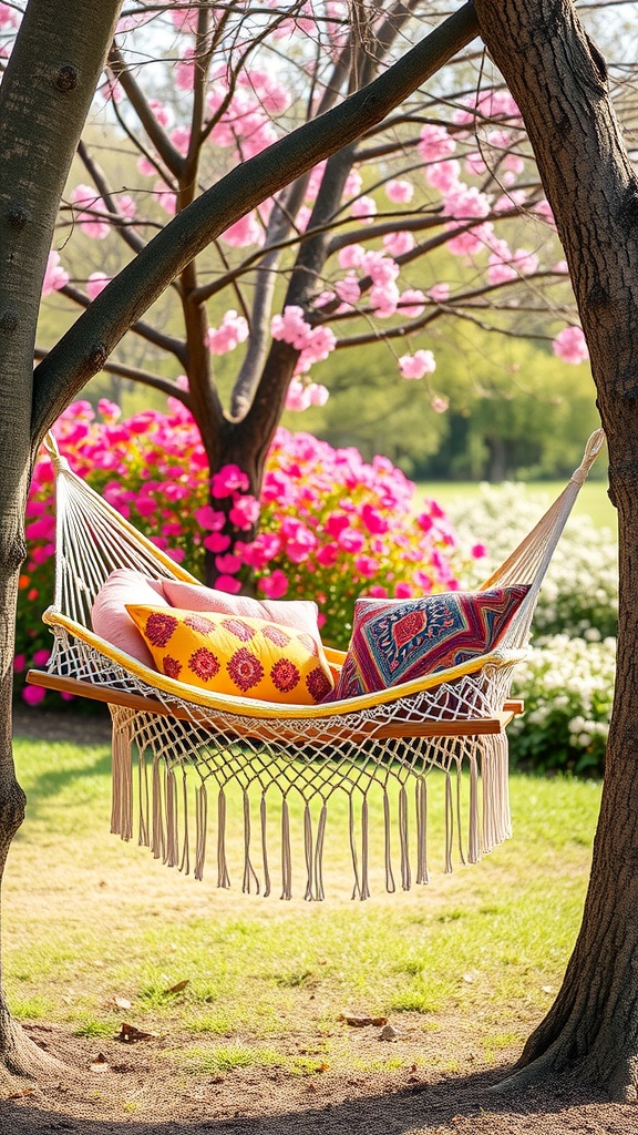 A colorful macrame hammock with cushions hanging between two trees, surrounded by blooming flowers.