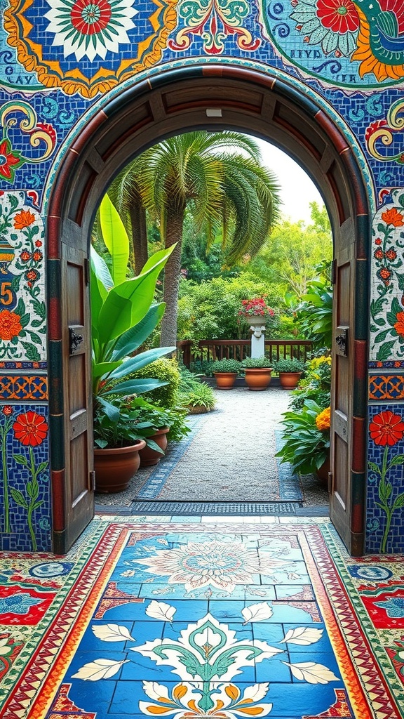 A colorful mosaic tile entrance leading into a lush garden with vibrant plants.
