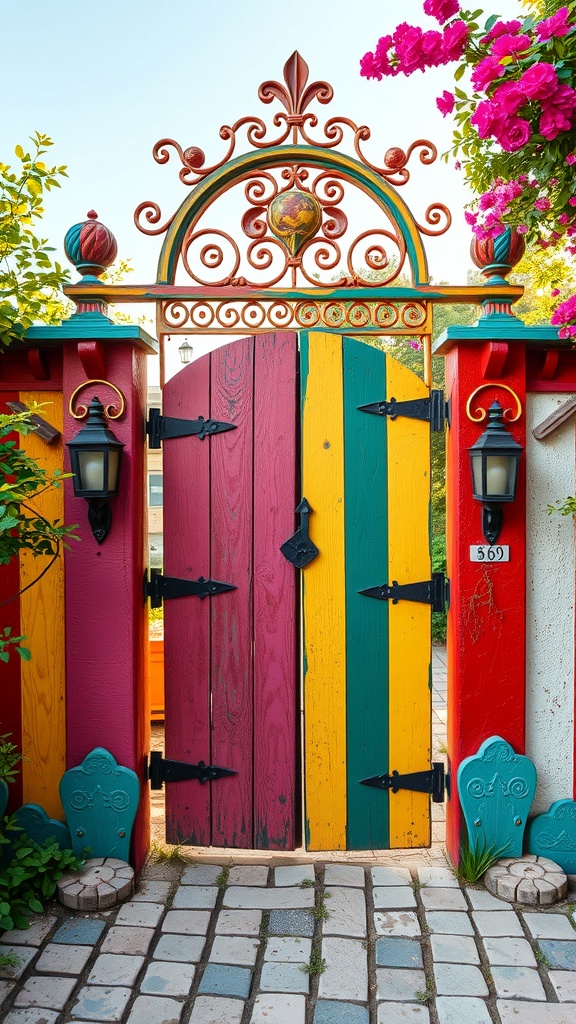 A colorful garden gate painted in pink, yellow, and green, surrounded by flowers and greenery.