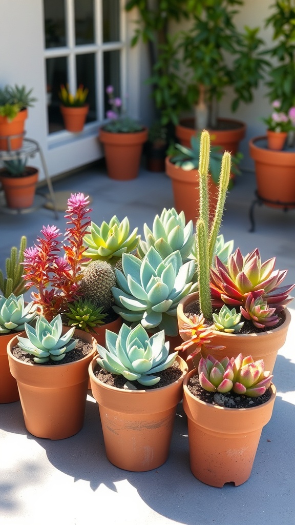 Colorful succulent arrangement in terracotta pots, showcasing various types of succulents.