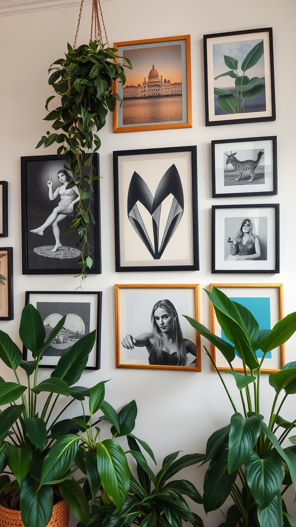 A wall with framed artworks and hanging plants, showcasing a blend of art and greenery.