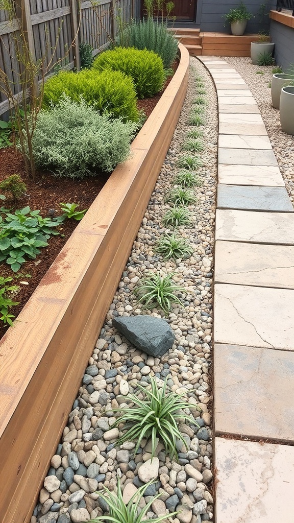 A garden featuring wooden sleepers as borders, stone pathways, and various plants.