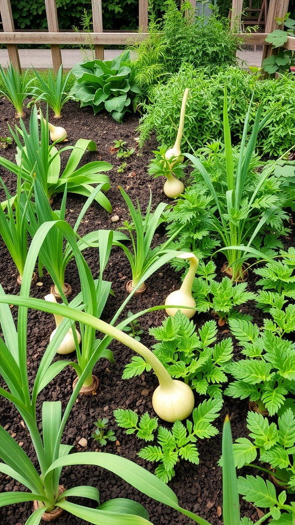 A garden bed featuring alliums, carrots, and leafy greens, showcasing companion planting.