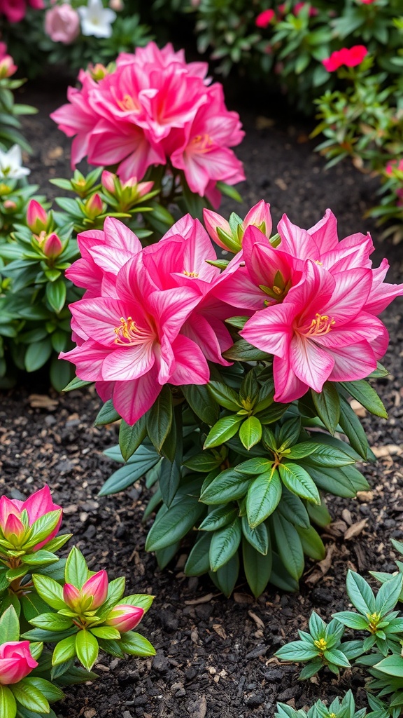 Vibrant pink azaleas blooming in a garden