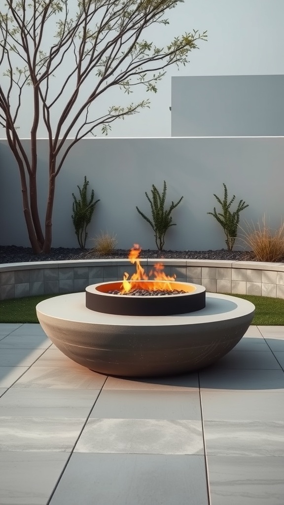 A modern concrete fire pit with flames, surrounded by a sleek patio and minimal landscaping.