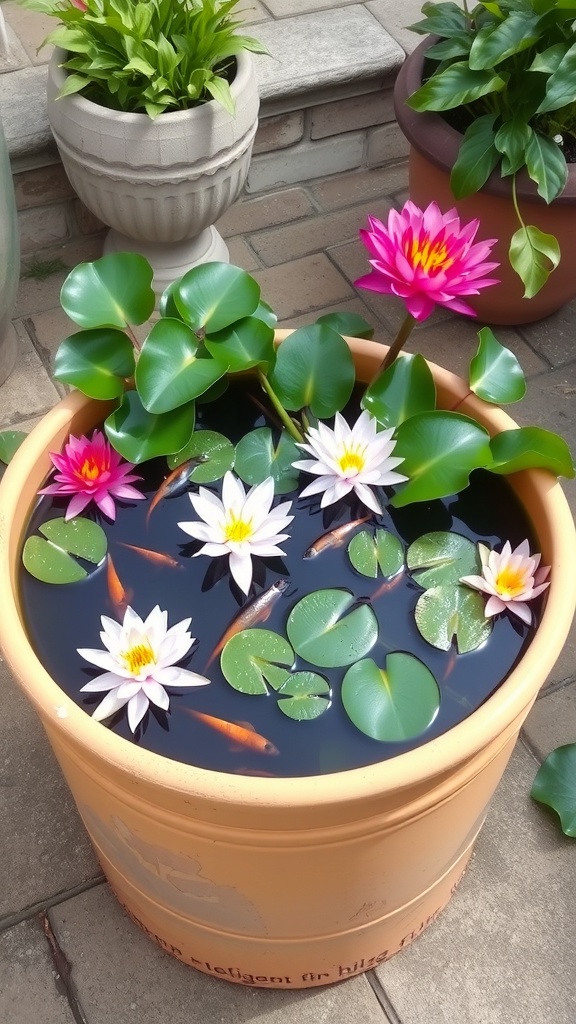 A container water garden featuring colorful water lilies and lily pads, with small fish swimming in the water.