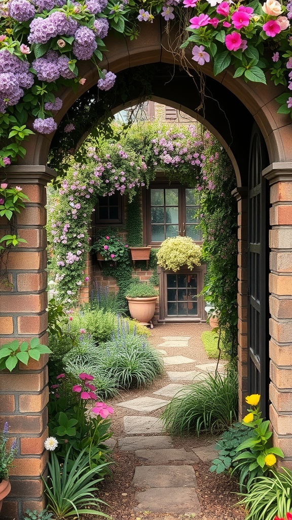 A beautiful garden arch covered in flowers, leading to a charming garden pathway.