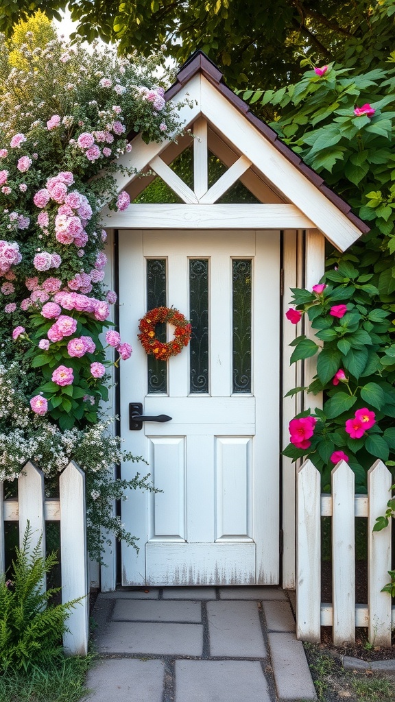 A charming white cottage style garden gate surrounded by blooming flowers.