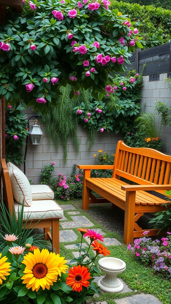 A cozy garden corner with cushioned benches surrounded by colorful flowers and greenery.