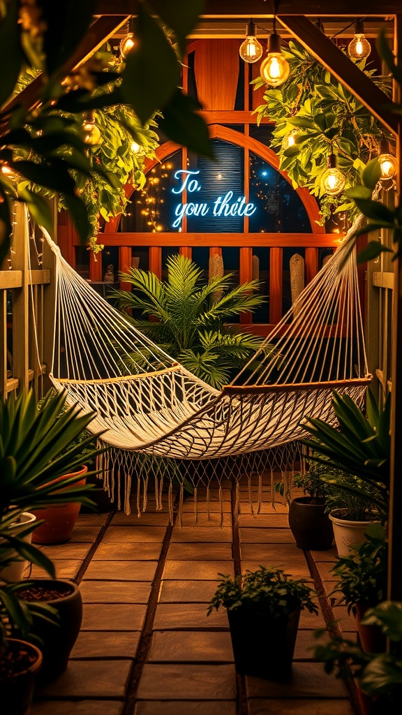 A cozy garden corner featuring a hammock, surrounded by plants and illuminated by string lights.