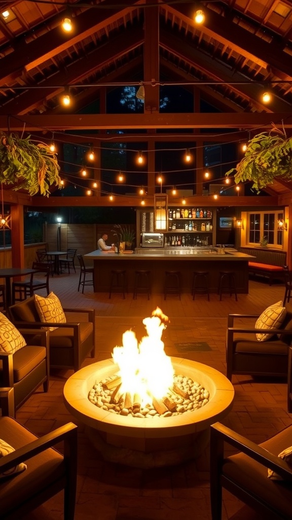 A cozy fire pit lounge with comfortable seating, a glowing fire, and string lights overhead.