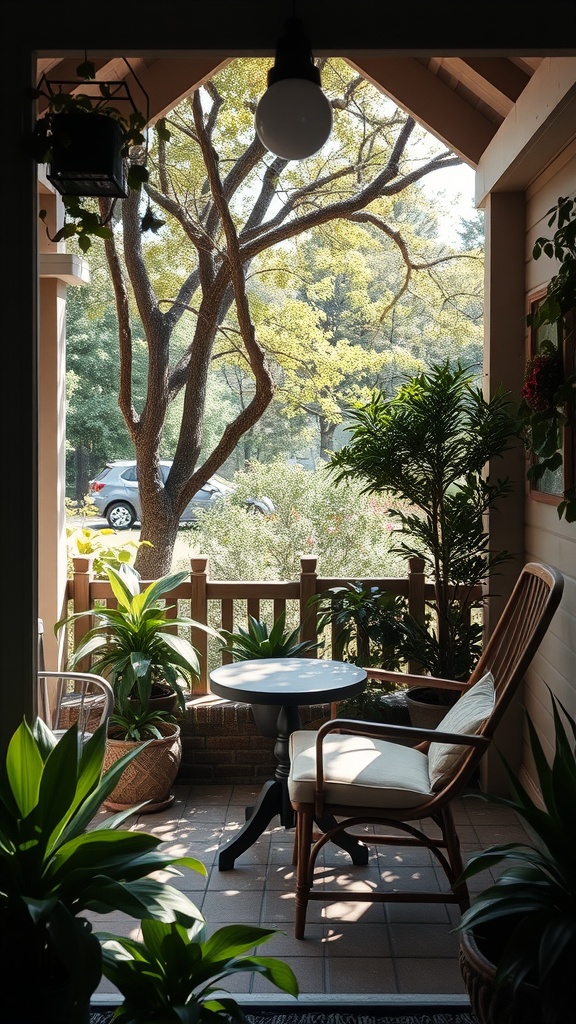 A cozy reading corner featuring a chair and small table, surrounded by plants and natural light.