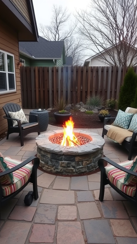 A cozy stone fire pit surrounded by seating chairs in a backyard.