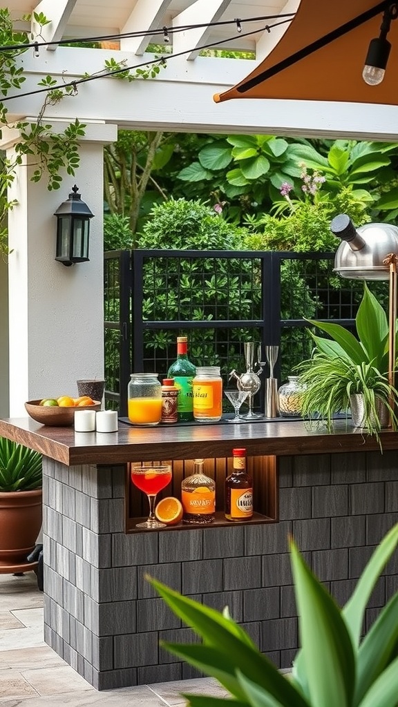 A stylish outdoor cocktail bar with various spirits, fresh fruits, and cocktail tools.