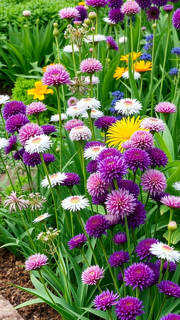 A vibrant garden featuring purple and white alliums alongside yellow and blue flowers.