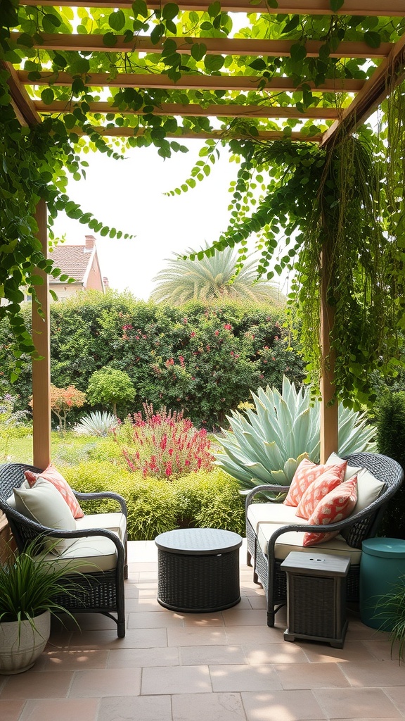 Cozy seating area under an arbor with lush greenery and colorful cushions