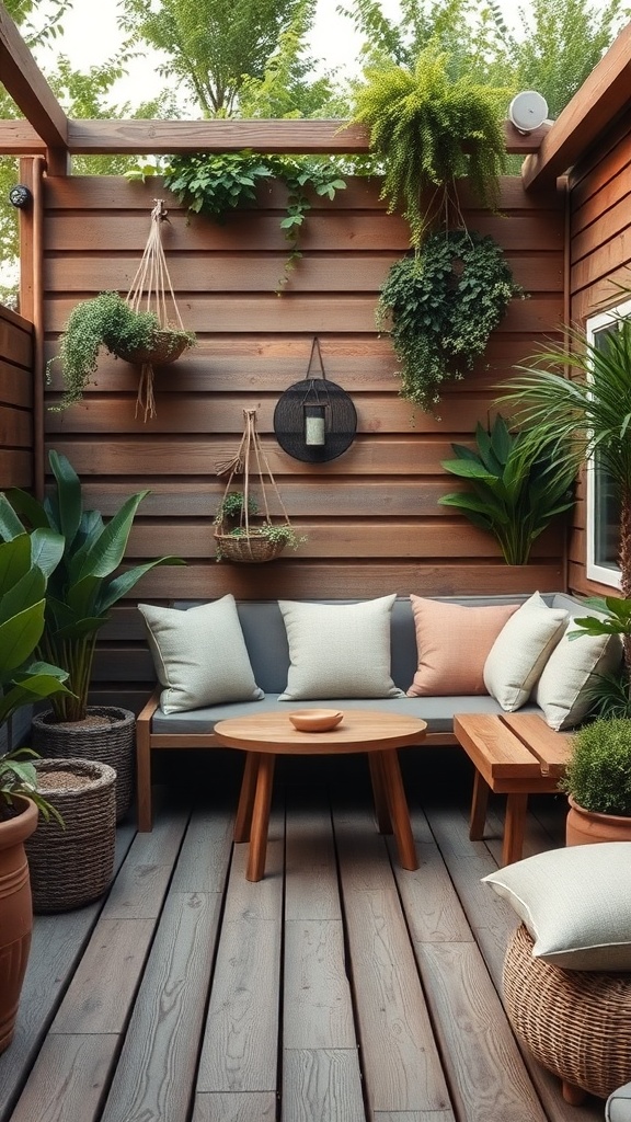 Cozy seating area with wooden sleepers, cushions, and plants.