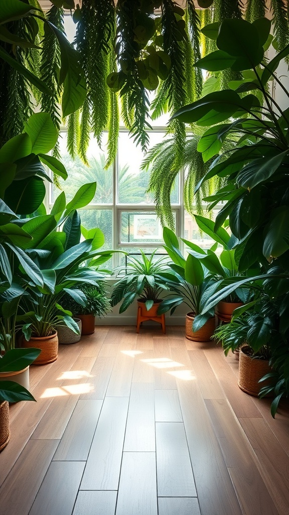 A room filled with tall green plants near a window, creating a jungle-like atmosphere.
