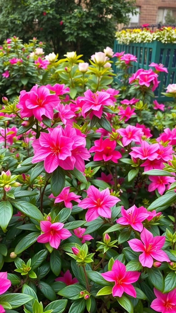 A vibrant display of pink azaleas in a garden setting, surrounded by lush green foliage.