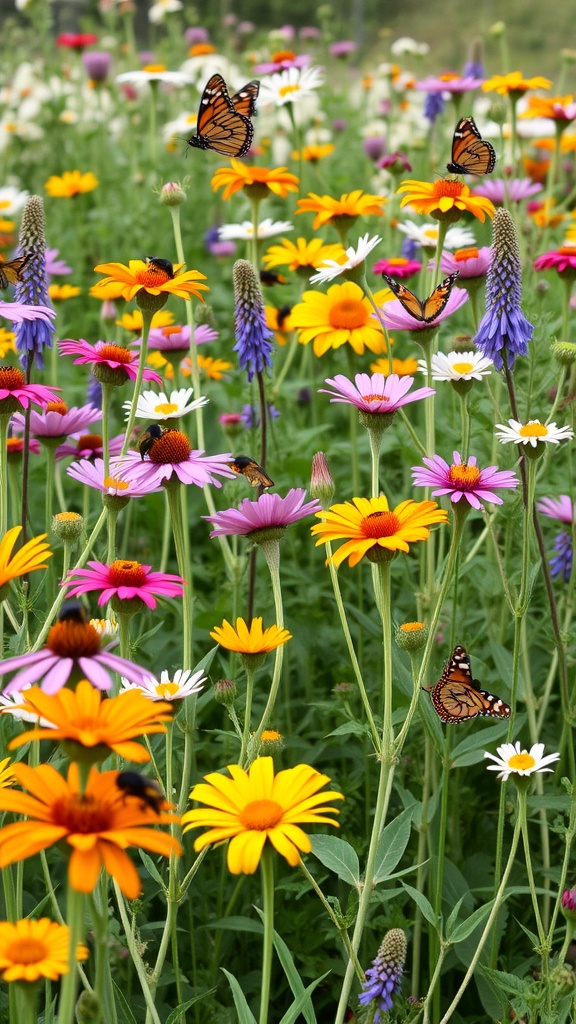 A vibrant wildflower garden filled with colorful flowers and butterflies.