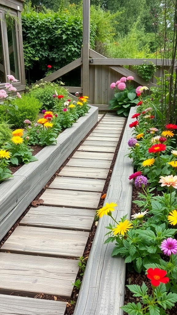 A garden pathway made of wooden sleepers bordered by colorful flowers.