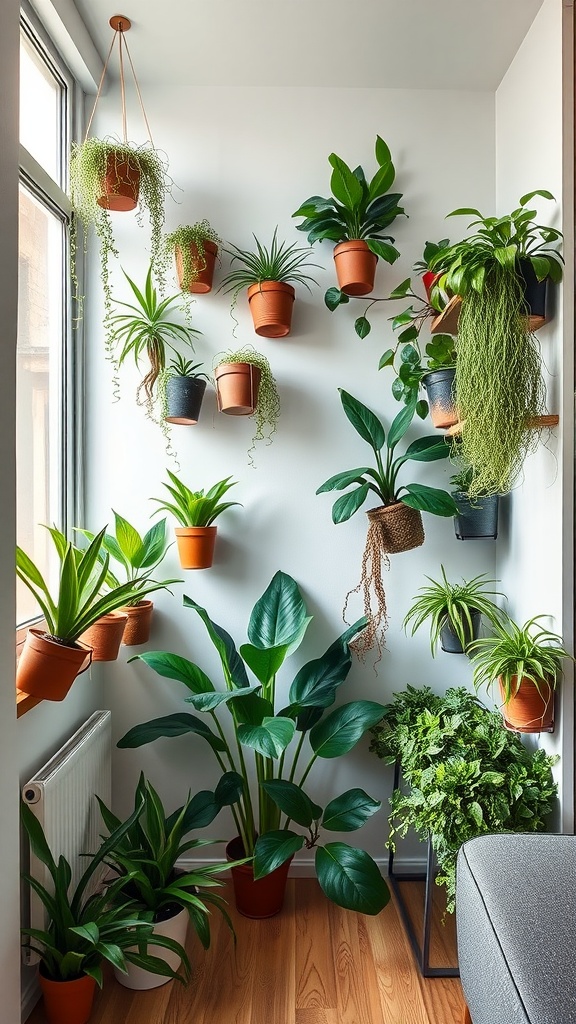 Creative arrangement of house plants in a small space, featuring hanging pots and wall-mounted shelves.
