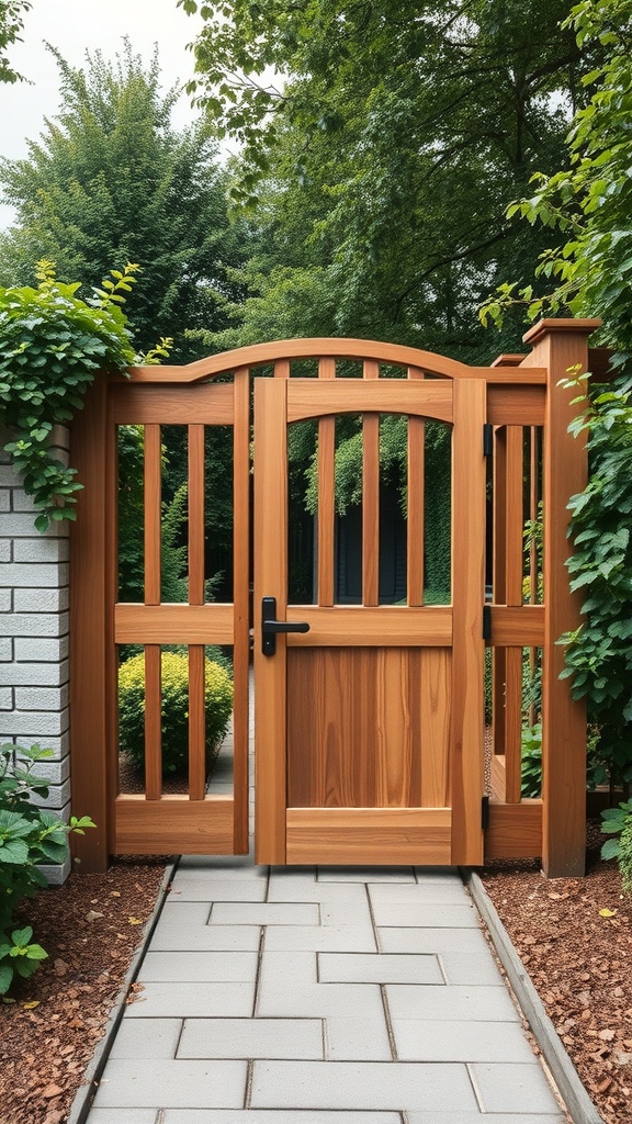 A customizable wooden garden gate surrounded by greenery