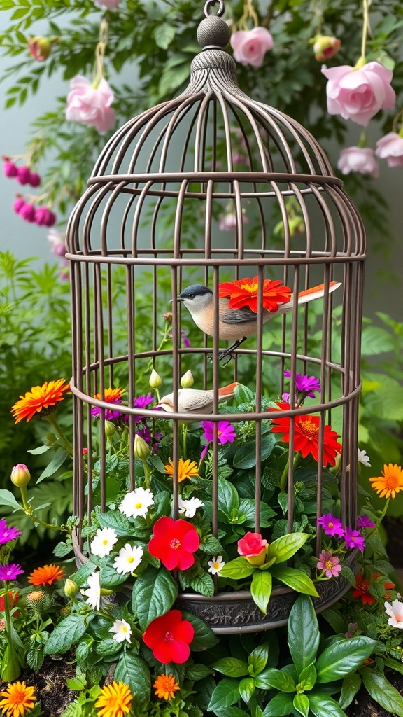 A decorative birdcage filled with colorful flowers and a small bird, set against a backdrop of greenery.
