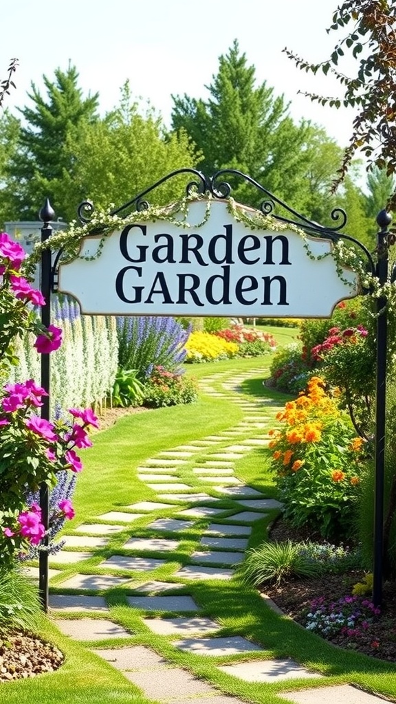 A decorative garden sign reading 'Garden Garden' with a beautiful flower-lined pathway.