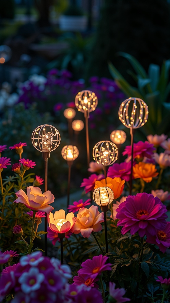 Decorative garden stakes with LED lights surrounded by colorful flowers
